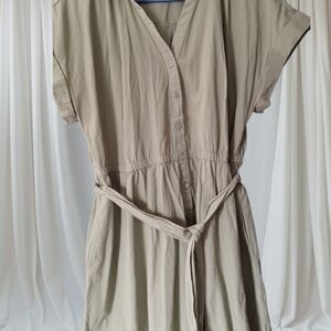 Beige Button-Down Dress with Belt